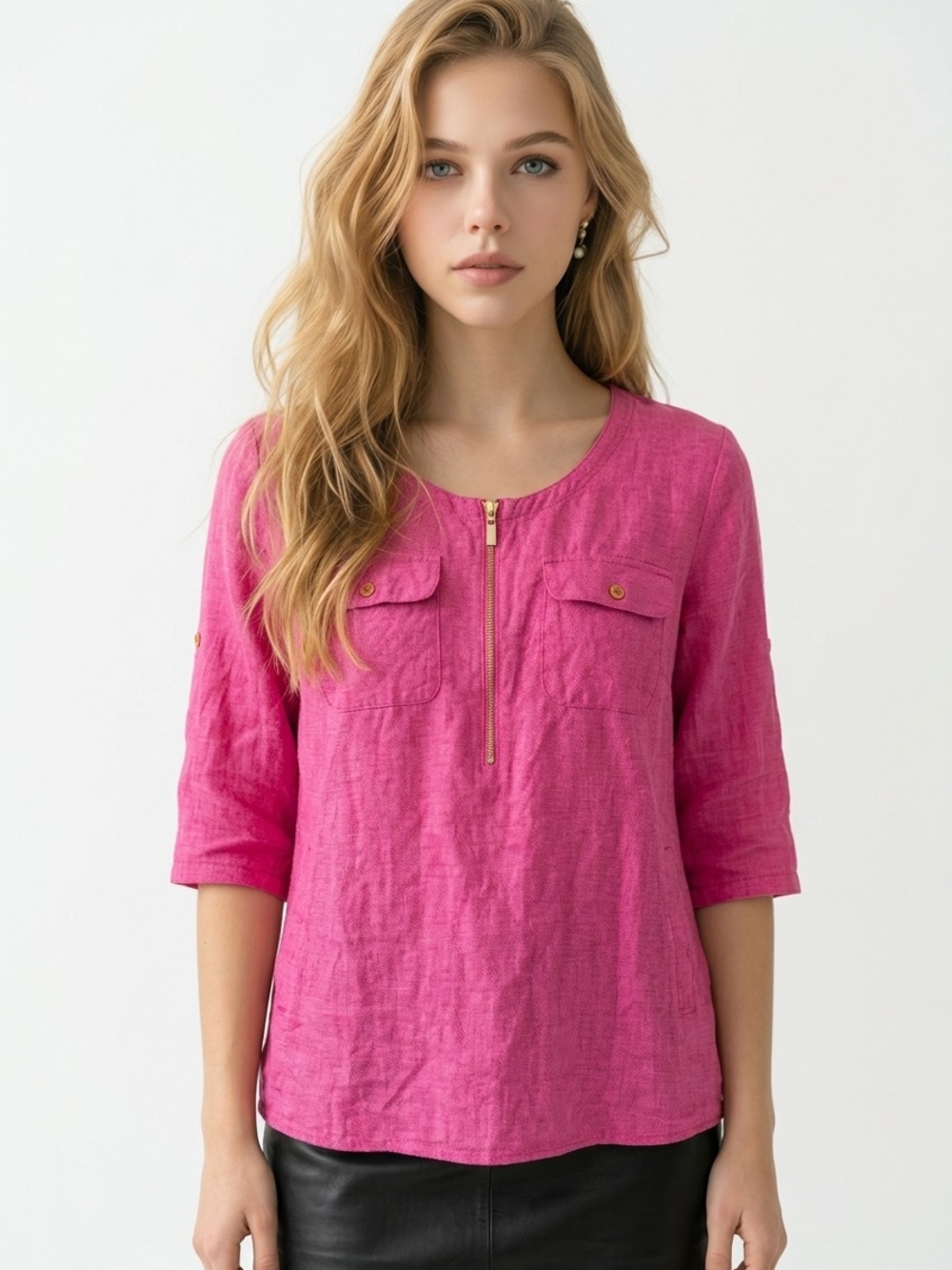 Women’s Pink Zip-Front Linen Top